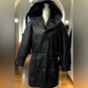 Black Leather Hooded Coat